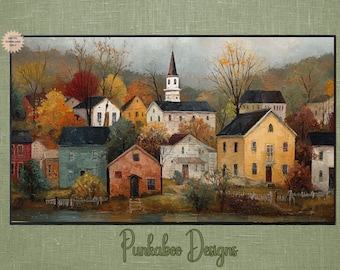 Fall Village Frame TV Art | Frame TV Autumn | Hisense Tv Art Fall | Autumn Town TV Art | Fall Art for Tv | Vintage Fall Frame Tv