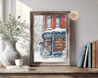 Cozy Winter Bookstore Wall Art | Cozy Bookstore | Bookstore in Winter Print | City Bookstore Art | Book Nook Decor | Gift for Book Lover