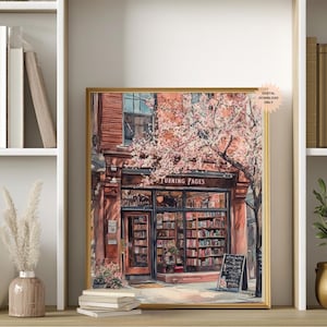 Cozy Spring Bookstore Wall Art | Cozy Bookstore | Bookstore in Spring Print | Book Lover Print | City Bookstore Art | Book Nook Art
