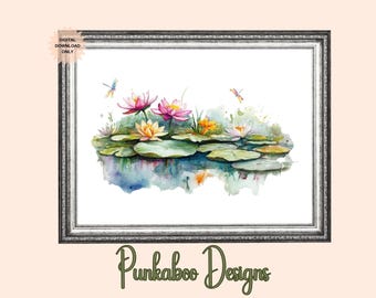Watercolor Dragonfly Wall Art | Watercolor Lilypad Wall Art | Lotus Flower Print | Botanical Wall Art | Nature Lover Decor | Zen Watercolor