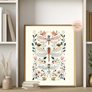 Vintage Dragonfly Botanical | Nature Wall Art | Insect Illustration | Floral Aesthetic Decor | Cottagecore Decor | Dragonfly Wall Decor