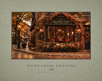 Autumn Bookstore Frame TV, Fall Bookshop Frame TV, Autumn City Frame TV Art, City Bookstore Art, City Book Shop in Fall, City Cafe