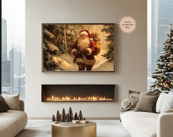 Vintage Christmas Wall Art | Cottagecore Christmas Print | Vintage Santa | Woodland Christmas Art | Christmas Forest | Rustic Christmas