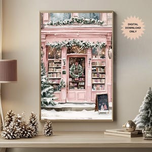 Cozy Bookstore | Cozy Christmas Bookstore  | Bookstore at Christmas | Coquette Christmas | Pink Bookstore | Book Nook Art | Cozy Bookshop