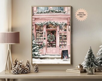 Cozy Bookstore | Cozy Christmas Bookstore  | Bookstore at Christmas | Coquette Christmas | Pink Bookstore | Book Nook Art | Cozy Bookshop