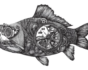 May include: Detailed black and white illustration of a fish with steampunk elements. The fish has mechanical goggles, a clock face, and gears integrated into its design. The artwork is highly detailed with intricate linework.