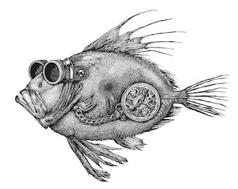 May include: A black and white illustration of a fish with goggles and a compass on its side.