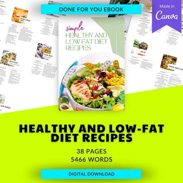 38 Healthy and Low fat Diet Recipes | Done For You eBook Canva Templates PLR Digital Download