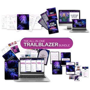 May include: A collection of digital marketing templates and planners, including a social media planner, website template, and course launch planner. The products feature a purple and white color scheme with tropical leaf accents. The text "THE ALL-IN-ONE TRAILBLAZER BUNDLE" is displayed.