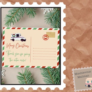 Postal de cartero de Feliz Navidad - Tarjeta de felicitación festiva con camión de correo - Apreciación del trabajador postal de temporada - PNG
