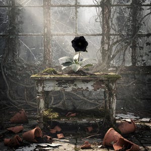 Empty Potting Bench Black Hellebore Art Print | Gothic Abandoned Greenhouse Wall Decor