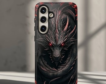 Coque de portable dragon gothique pour Samsung Galaxy S26, S25, S24, S23, Plus, Ultra, Google Pixel - Noir foncé, dragon de feu gothique yeux rouges