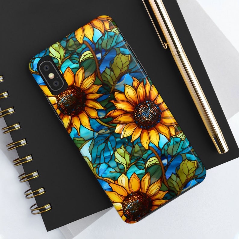 Protective and chic iPhone case featuring sunflower art with a glass-like finish