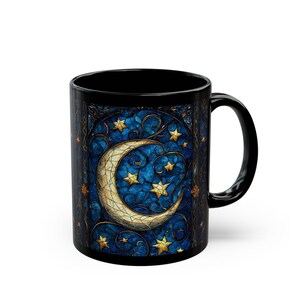 Moon Night Mug, Celestial Lunar Starry Sky Black Coffee Mug, Faux Stained Glass Tea Mug, Astrology Moon Luna Cup, Dark Academia Witchy Mug