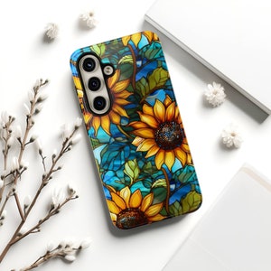 Artsy Sunflower Phone Case Samsung Galaxy S24, S23, S22 Plus, Ultra, Google Pixel - Elegant Floral Mosaic Faux Stained Glass Flower Cover