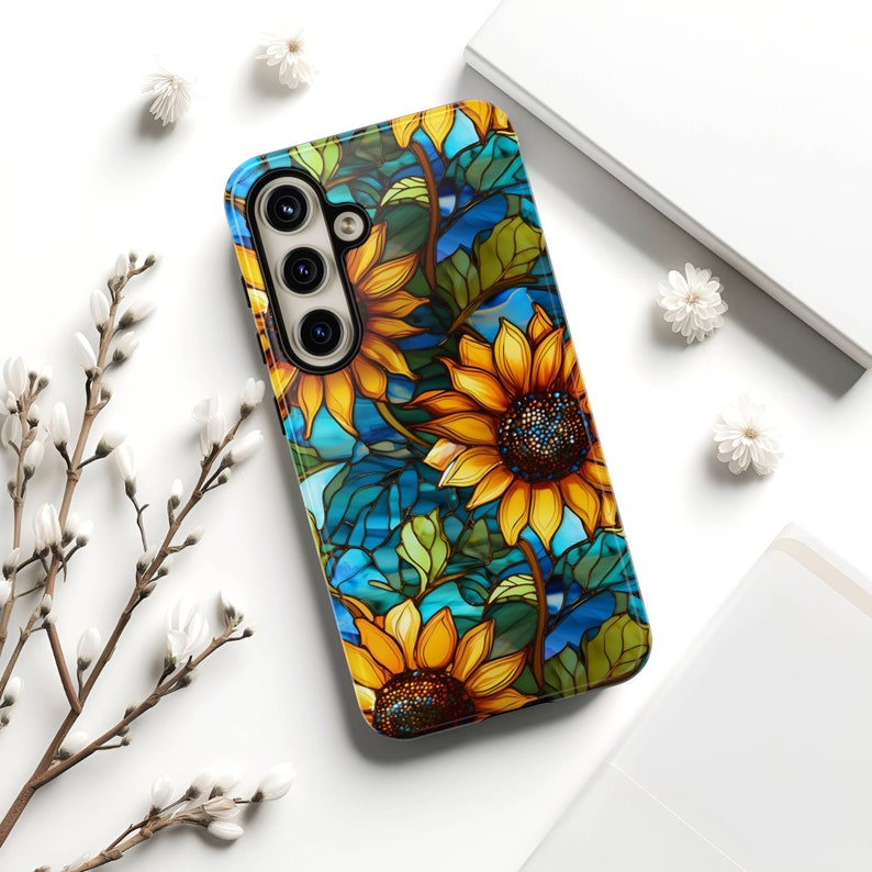 Artsy Sunflower Phone Case Samsung Galaxy S24, S23, S22 Plus, Ultra, Google Pixel - Elegant Floral Mosaic Faux Stained Glass Flower Cover