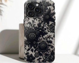 Floral Black Lace Effect Phone Case iPhone 17, 16, 15, 14, 13, 12, 11, X, Pro, Pro Max, Plus - Coquette Vintage Dark Lace Phone Cover