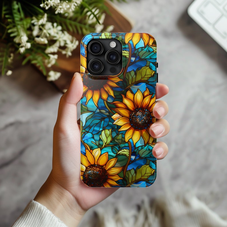 Beautiful Sunflower Phone Case with Stained Glass Effect Artsy Sunflower  for iPhone 15, 13, 14, 12, 11, Pro, Pro Max, Plus