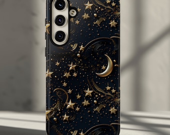 Moon and Stars Luxury Phone Case Samsung Galaxy S26, S25, S24, S23,  S21, S20, Plus, Ultra, Google Pixel Celestial Starry Night Phone Cover