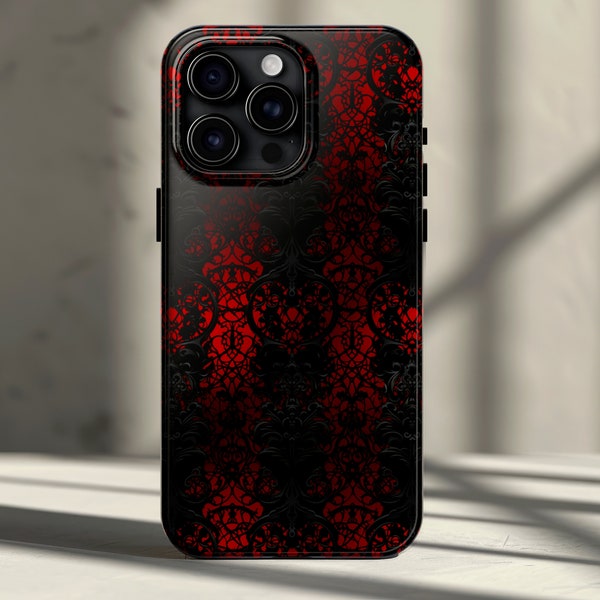 Vampire Lace Phone Case for iPhone 15, 14, 13, 12, 11, Pro, Pro Max, Plus - Dracula Red & Black Lace Glossy Phone Cover Gothic Dark Romance