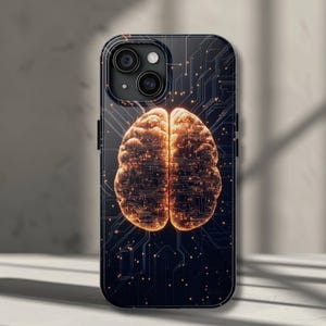 May include: Black smartphone case featuring a glowing, orange brain design. The brain illustration is centered on a dark background with circuit board patterns. The case has a glossy finish and a camera module.