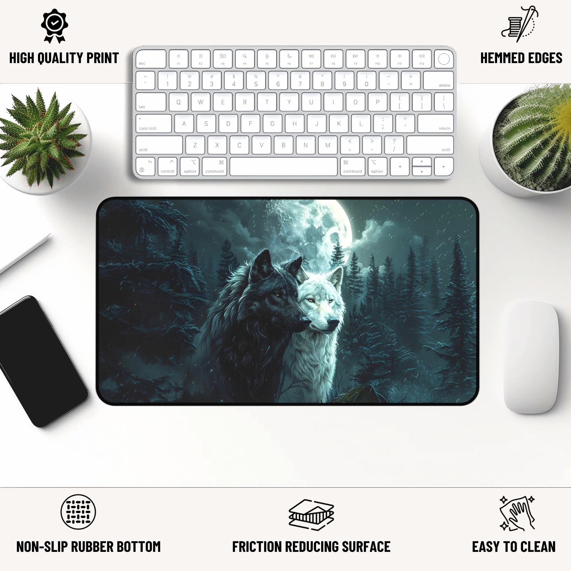 Night Wolf Desk Mat, Black and White Wolves Mousepad, Gaming Playmat XL ...