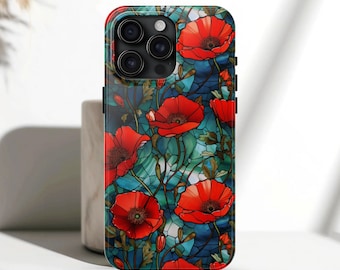 Poppy Flower Phone Case iPhone 17, 16, 15, 14, 13, 12, 11, X, XS, XR, Pro Max, Plus - Red Poppies Stained Glass Effect Though Phone Cover