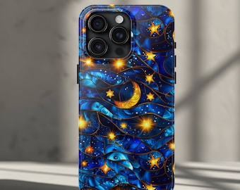 Celestial Stained Glass Moon Phone Case iPhone 17,  16, 15, 14, 13, 12, 11, Pro Max, Plus - Star Moon Night Cover Faux Stained Glass Effect