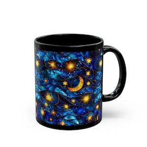 Celestial Stained Glass Moon Mug, Astrology Nocturnal Tea Cup, Star Moon Night Black Coffee Mug, Starry Sky Lunar Tea Mug