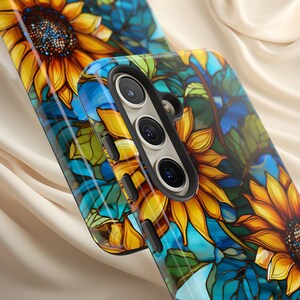 Artsy Sunflower Phone Case Samsung Galaxy S24, S23, S22 Plus, Ultra, Google Pixel - Elegant Floral Mosaic Faux Stained Glass Flower Cover