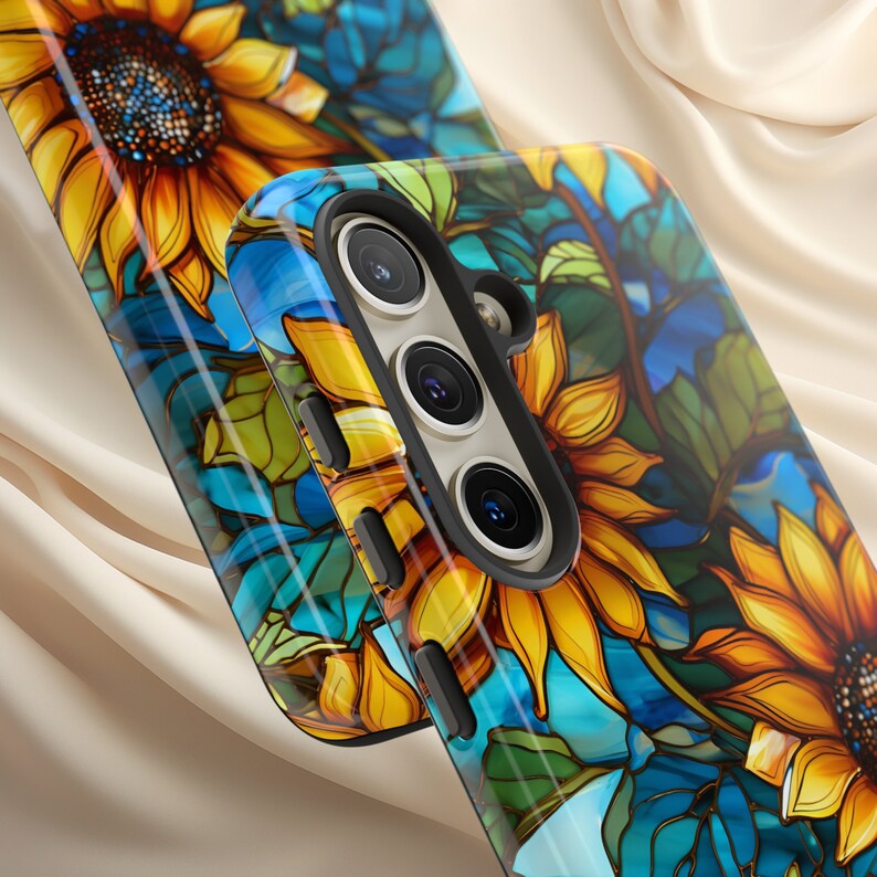 Artsy Sunflower Phone Case Samsung Galaxy S24, S23, S22 Plus, Ultra, Google Pixel - Elegant Floral Mosaic Faux Stained Glass Flower Cover