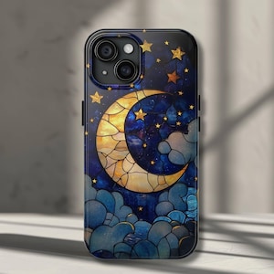 Night Sky Phone Case iPhone 16, 15, 14, 13, 12, 11, X, Pro, Pro Max, Plus - Celestial Moon, Stars, Clouds Faux Stained Glass Phone Cover