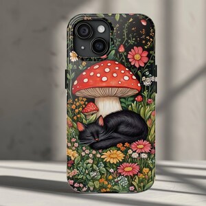Black Cat Mushroom Phone Case Phone Case for iPhone 16, 15, 14, 13, 12, 11, Pro, Pro Max, Plus -  Boho Kitten Toadstool Phone Cover