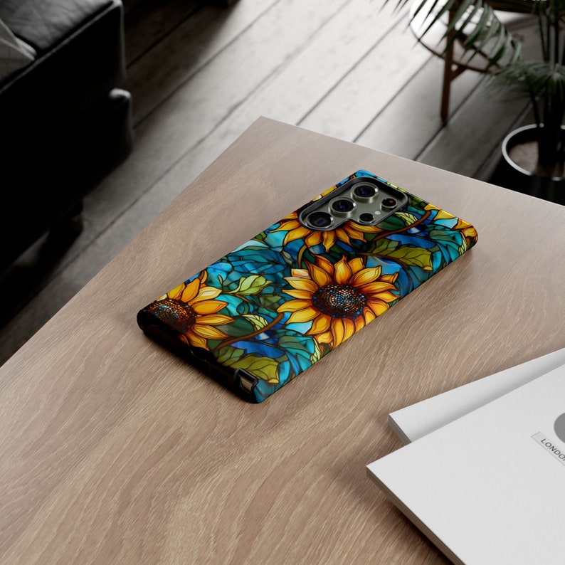 Artsy Sunflower Phone Case Samsung Galaxy S24, S23, S22 Plus, Ultra, Google Pixel - Elegant Floral Mosaic Faux Stained Glass Flower Cover