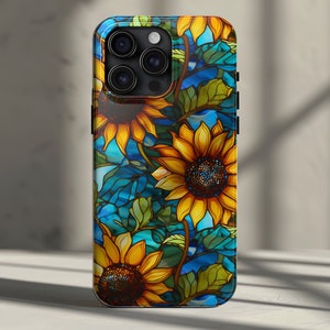 Artsy Sunflower Phone Case iPhone 16, 15, 13, 14, 12,11, Pro, Pro Max, Plus, MagSafe - Faux Stained Glass Floral Mosaic Though Phone Cover