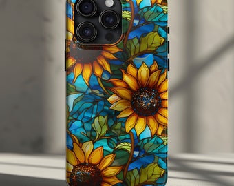 Artsy Sunflower Phone Case iPhone 17, 16, 15, 13, 14, 12,11, Pro, Pro Max, Plus, Air - Faux Stained Glass Floral Mosaic Though Phone Cover