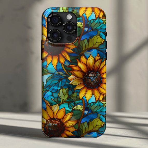Artsy Sunflower Phone Case iPhone 17, 16, 15, 13, 14, 12,11, Pro, Pro Max, Plus, Air - Faux Stained Glass Floral Mosaic Though Phone Cover