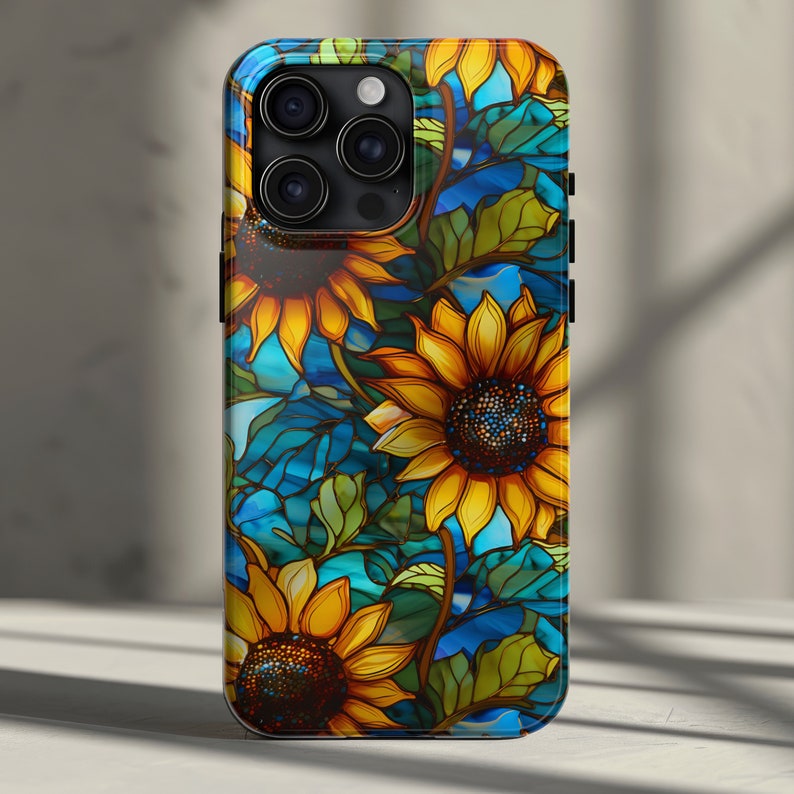 Artsy Sunflower Phone Case iPhone 16, 15, 13, 14, 12,11, Pro, Pro Max, Plus, MagSafe - Faux Stained Glass Floral Mosaic Though Phone Cover