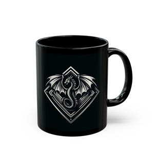 Black Dragon Mug, Silver Metallic  Flying Dragon Emblem Coffee Mug, D&D RPG Gamer Cup, Goth Dark Fantasy Tea Mug