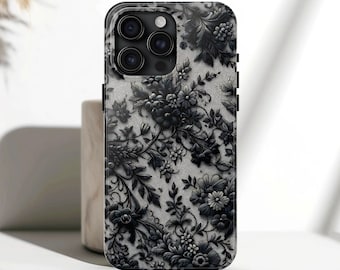 Vintage Lace Effect Phone Case For iPhone 17, 16, 15, 14, 13, 12, 11, X, Pro, Pro Max, Plus - Chic Gothic Black Floral Lace Phone Cover