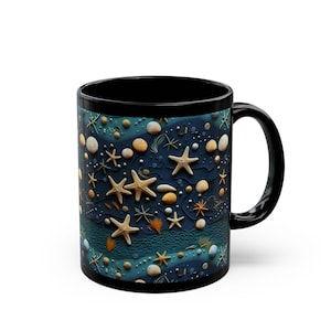Ocean Seashell Mug, Sea Starfish Black Coffee Mug, Coastal Marine Tea Cup, Ocean Wonder Sea Life Mug, Beach Lover Mug