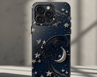 Silver Moon Star Celestial Phone Case for iPhone 17, 16, 15, 14, 13, 12, Pro, Pro Max, Plus, Air - Starry Night Luxury iPhone Though Cover