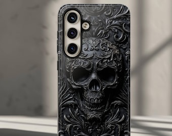 Coque de portable noire crâne gothique gothique pour Samsung Galaxy S26, S25, S24, S23, S22, Plus, Ultra, Google Pixel - Coque de portable plate imprimée crâne gothique sombre