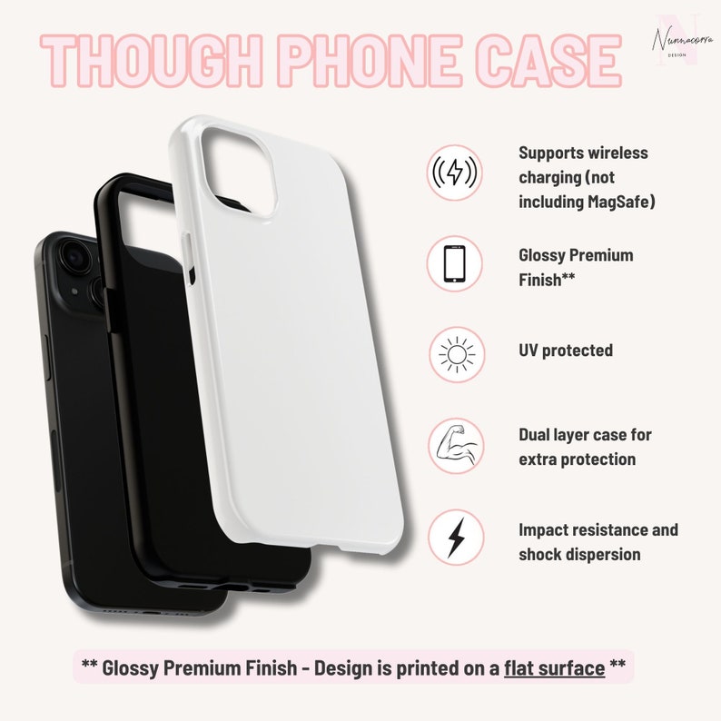 May include: A white phone case with a black phone inside. The case is designed to support wireless charging and has a glossy premium finish. It is also UV protected and has a dual layer case for extra protection. The case is impact resistant and has shock dispersion.