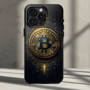 May include: A black phone case with a gold Bitcoin logo on a dark blue background with a circuit board design.
