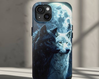 Night Wolf Phone Case for iPhone 17, 16, 15, 14, 13, 12, 11, Pro, Pro Max, Plus - Black & White Wolves Moon Shine Forest Cover Wolf Spirit