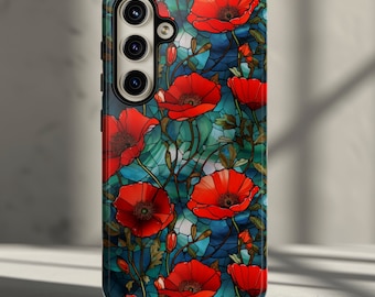Coque de portable fleur de pavot pour Samsung Galaxy S26, S25, S24, S23, S22, Plus, Ultra, Google Pixel - Coque de portable effet vitrail rouge coquelicots