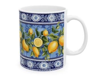 Mediterranean Lemon Mug, Italian Tile White Coffee Cup, Amalfi Coast Citrus 11oz 15oz Tea Cup, Sicilian Summer Gift, Azulejo Spanish Mug