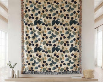 Blackberry Botanical Woven Blanket, Wild Berry Cottagecore Throw, Forest Fruit Wall Tapestry, Rustic Farmhouse Decor