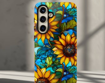 Artsy Sunflower Phone Case Samsung Galaxy S26, S25, S24, S23 Plus, Ultra, Google Pixel - Floral Mosaic Faux Stained Glass Flower Cover